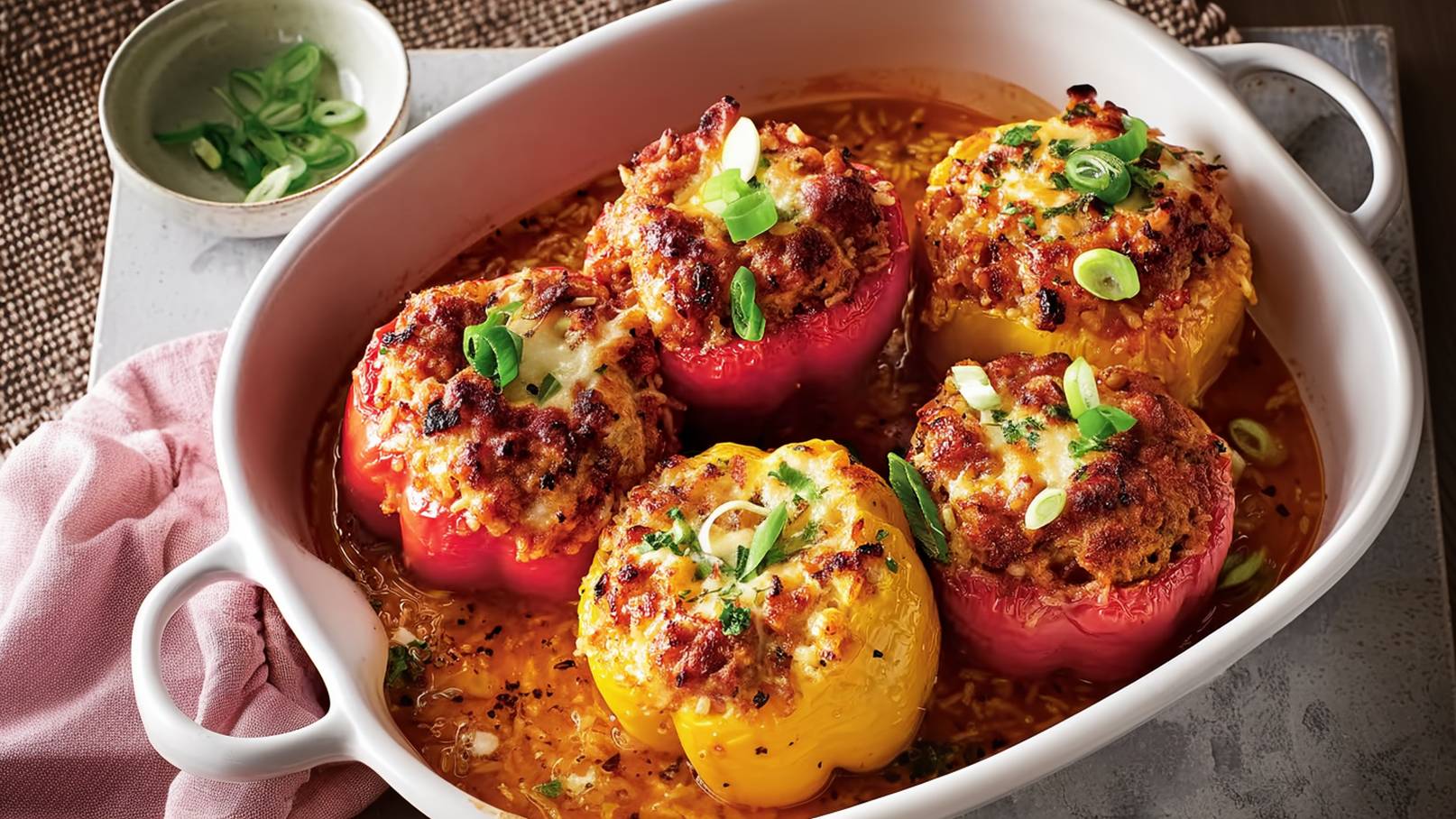 Ein weißes Backdish mit gefüllten, bunten Paprika (rot und gelb), die mit einer goldbraunen Füllung überbacken sind. Die Paprika liegen in einer würzigen Soße, garniert mit frischen, gehackten Frühlingszwiebeln.