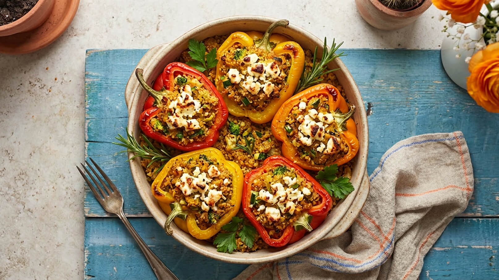 Ein keramisches Gericht mit gefüllten Paprika in rot, gelb und orange. Die Paprika sind mit einer Mischung aus Gemüse und Kräutern gefüllt und mit Stückchen Feta-Käse garniert. Um sie herum liegt ein Bett aus bunt zubereitetem Getreide.