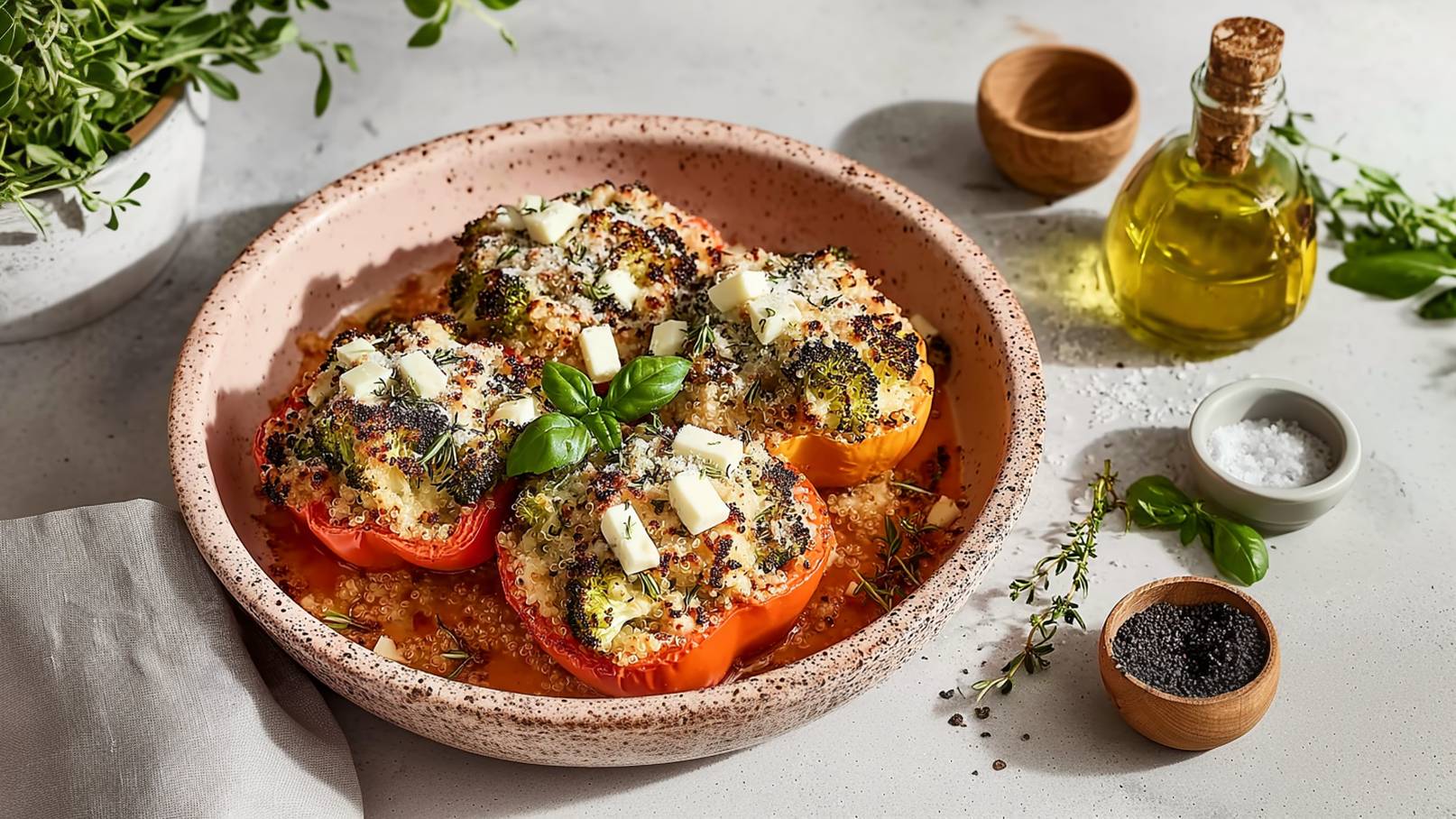Gefüllte Paprika in einer Schüssel, bestrichen mit Käse und Kräutern, auf einem Bett aus Quinoa. Frische Basilikumblätter zieren das Gericht. Im Hintergrund sind Öl und Gewürze zu sehen.