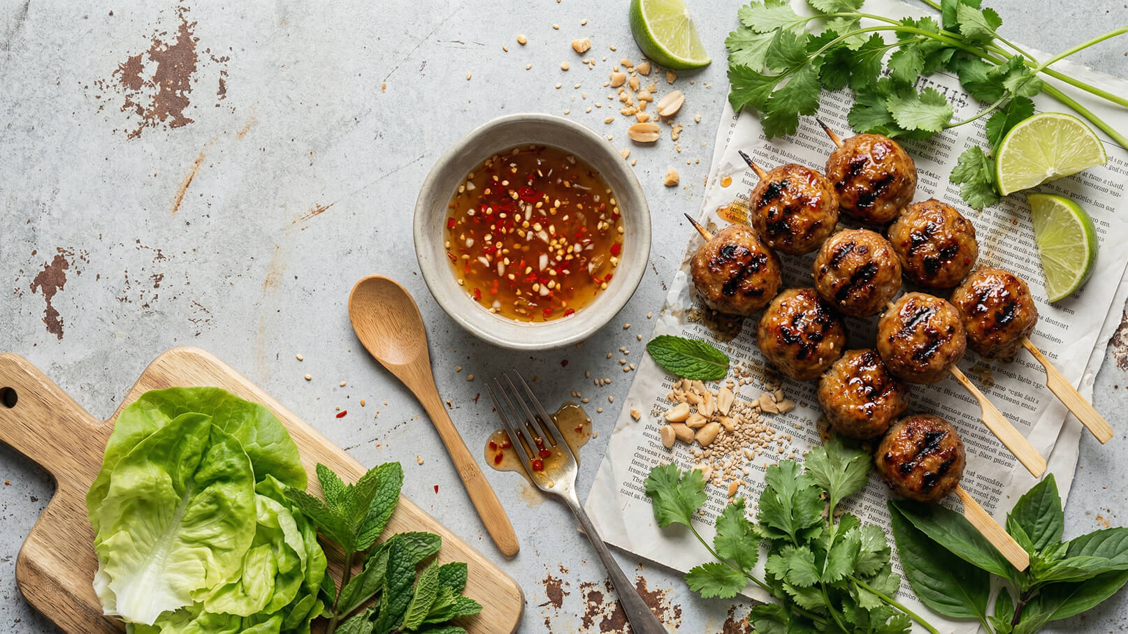 Auf einem grauen Untergrund liegen gegrillte Fleischbällchen auf Spießen neben einer Schale mit einer scharfen Sauce, die mit Erdnüssen und roten Chili-Stückchen garniert ist. Frischer Salat, Minze und Koriander sind ebenfalls zu sehen. Limettenscheiben runden das Arrangement ab.