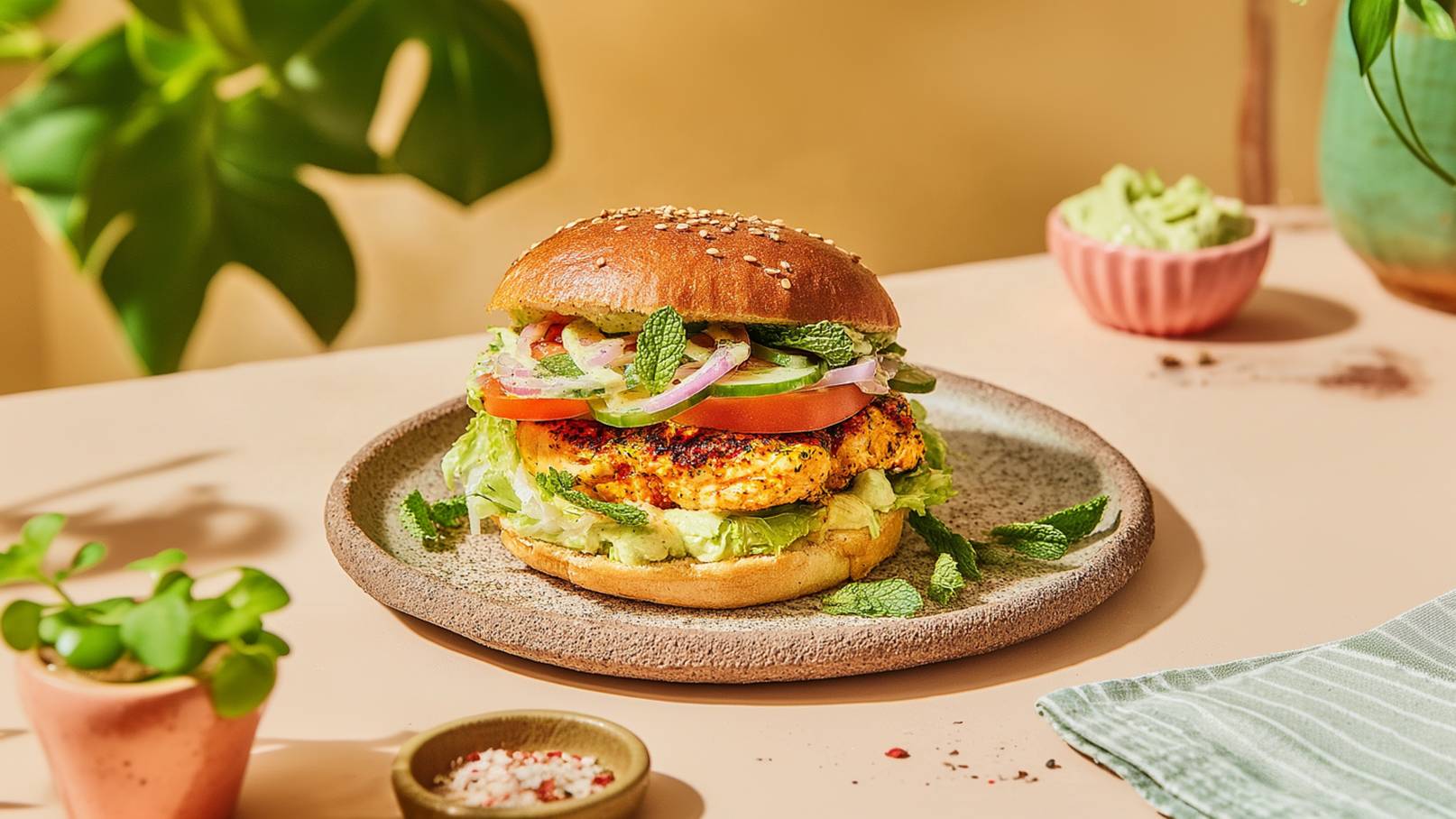 Ein saftiger Burger auf einem keramischen Teller, gefüllt mit gegrilltem Hähnchen, frischem Salat, Tomaten, Gurken, roten Zwiebeln und Minze. Der Brötchenoberteil ist mit Sesam bestreut. Im Hintergrund sind eine kleine Schale mit Gewürzen und eine Portion Avocadocreme sichtbar.