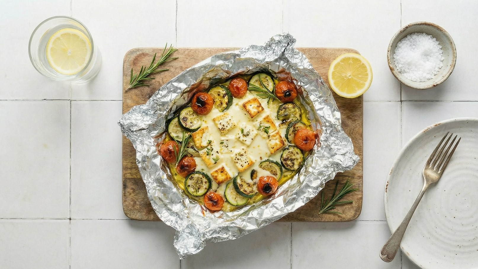 Ein Aluminium-Päckchen mit gebackenem Gemüse, Feta und Kirschtomaten, umgeben von frischen Kräutern. Es liegt auf einem Holzbrett, daneben ein Glas Wasser mit einer Zitronenscheibe und eine kleine Schüssel mit Salz. Ein Teller und eine Gabel sind ebenfalls sichtbar.
