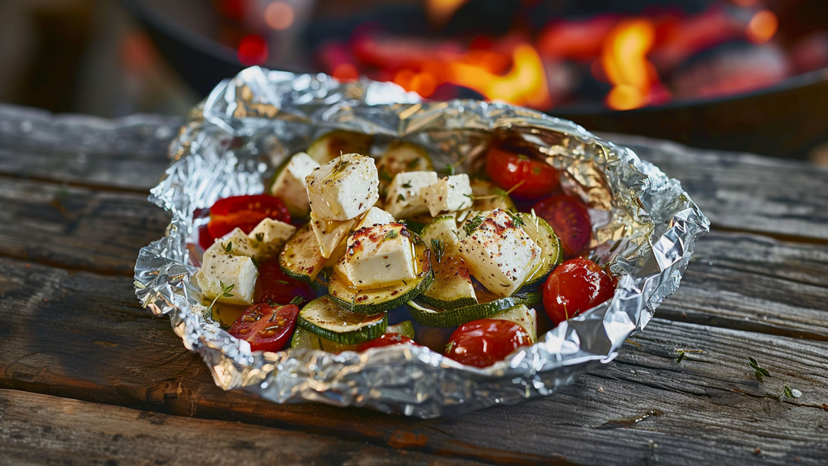 Ein Aluminium-Grillfach gefüllt mit gegrilltem Gemüse: Zucchini, Kirschtomaten und Feta-Käse. Das Gemüse ist aromatisch gewürzt und hat eine leicht angebräunte Oberfläche. Im Hintergrund ist ein gegrilltes Feuer zu sehen.