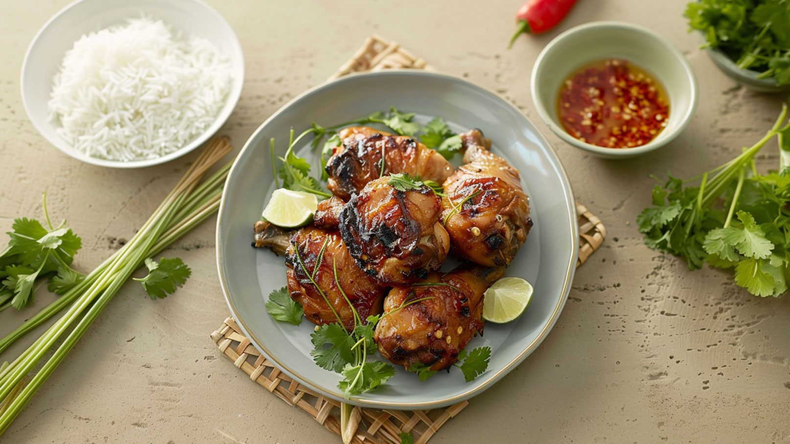 Auf einem grauen Teller liegen gegrillte Hähnchenschenkel, garniert mit Koriander und Limettenscheiben. Daneben befindet sich eine Schüssel mit weißem Reis und eine kleine Schüssel mit einer roten Sauce. Frische Korianderblätter und eine Chilischote runden die Präsentation ab.