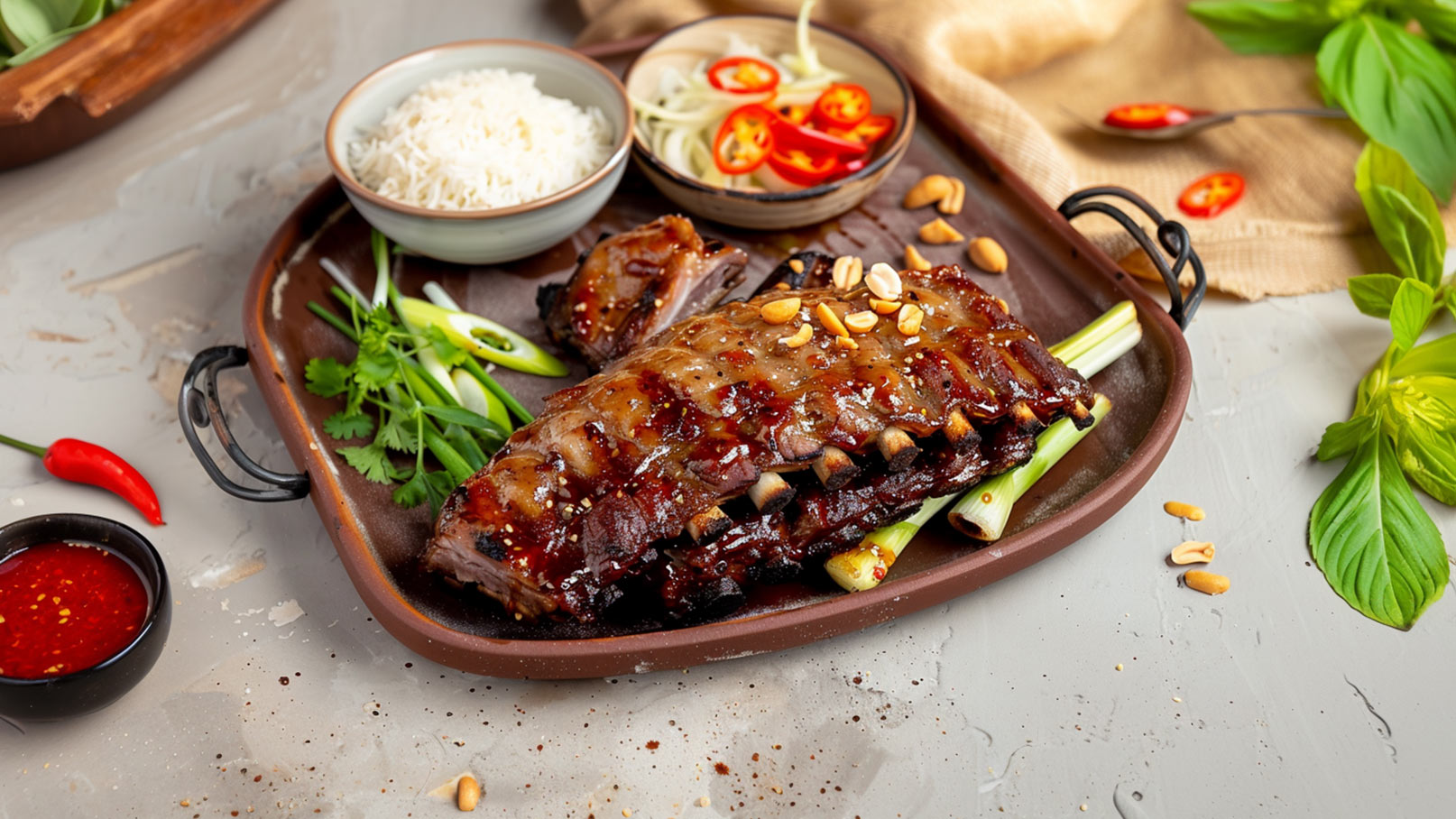 Ein tiefes Tablett mit saftigem Rinderfleisch, glasiert und mit Erdnüssen garniert. Daneben befinden sich gekochter Reis, frische Frühlingszwiebeln, und eine kleine Schüssel mit pikantem Dip. Rote Chilis und Korianderblätter runden das Gericht ab.