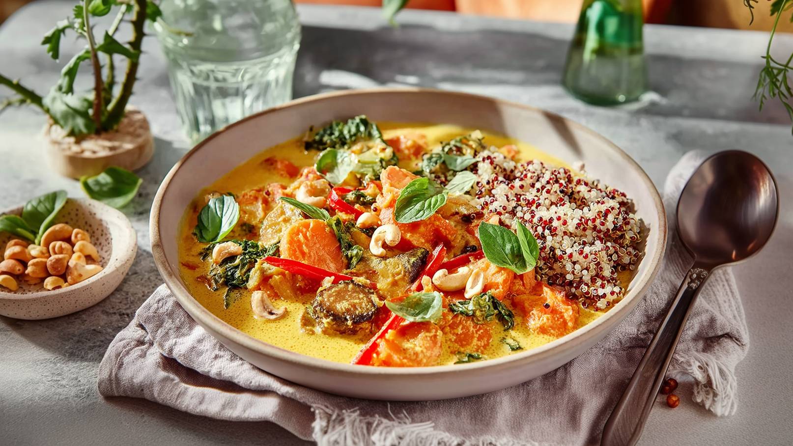 Eine Schüssel mit buntem Gemüse-Curry, angereichert mit Kürbis, Spinat, roten Paprika und Frischkäse. Neben dem Curry befinden sich Quinoa und geröstete Cashewkerne. Das Gericht ist garnierte mit frischen Basilikumblättern auf einem grauen Untergrund.