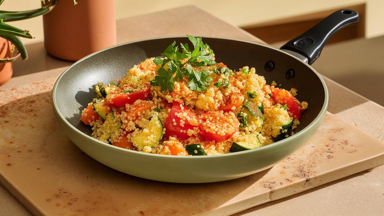 Eine grüne Schüssel mit Quinoa und buntem Gemüse, darunter Karotten, Tomaten, und Zucchini, ist auf einem Tisch platziert. Die Mischung ist mit frischer Petersilie garniert und sieht appetitlich aus.
