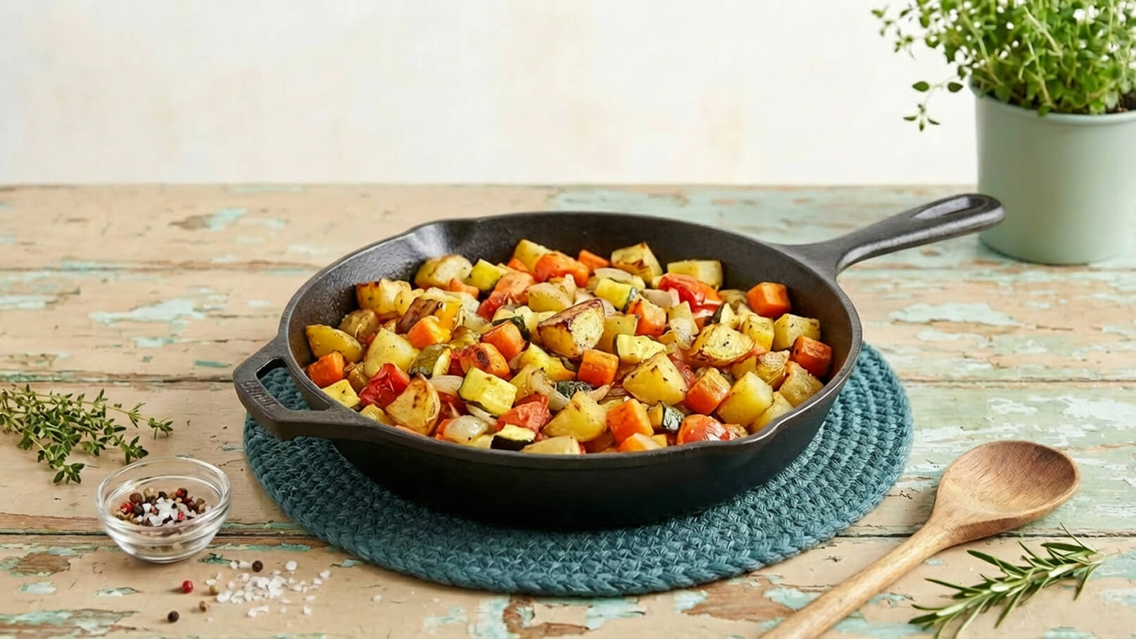 Eine gusseiserne Pfanne mit buntem Gemüse, darunter Kartoffeln, Karotten und Zucchini, steht auf einem blauen Untersetzer. Daneben befinden sich ein Holzlöffel und eine Schale mit Gewürzen. Im Hintergrund ist ein kleiner Topf mit frischen Kräutern zu sehen.