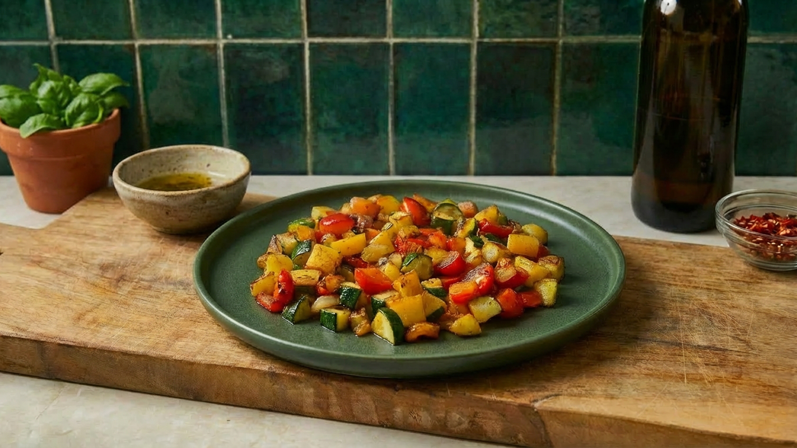 Auf einem Holzbrett liegt ein grüner Teller mit einer bunten Gemüsepfanne, die Stücke von Paprika, Zucchini und Kartoffeln zeigt. Neben dem Teller befindet sich eine kleine Schüssel mit Olivenöl und eine Schale mit roten Chiliflocken. Im Hintergrund ist ein Topf mit Basilikum zu sehen.
