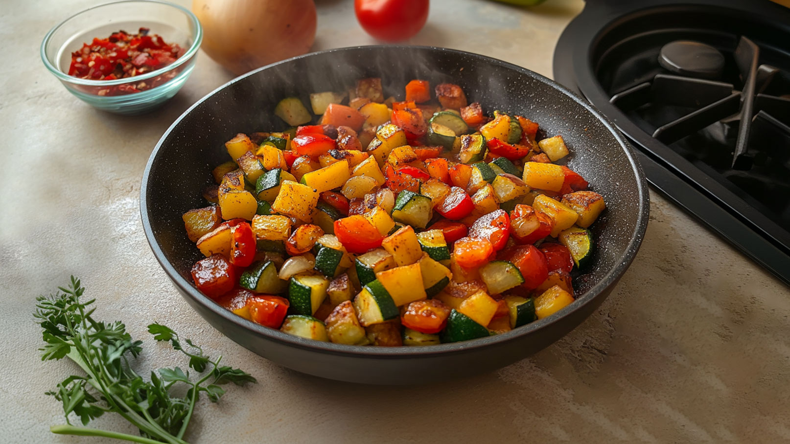 In einer schwarzen Pfanne liegen bunt angebratene Gemüsewürfel, darunter rote Paprika, gelbe Zucchini und grüne Kürbisstücke. Dampf steigt auf, während frische Kräuter neben der Pfanne liegen. Im Hintergrund sind weitere Gemüsezutaten zu sehen.