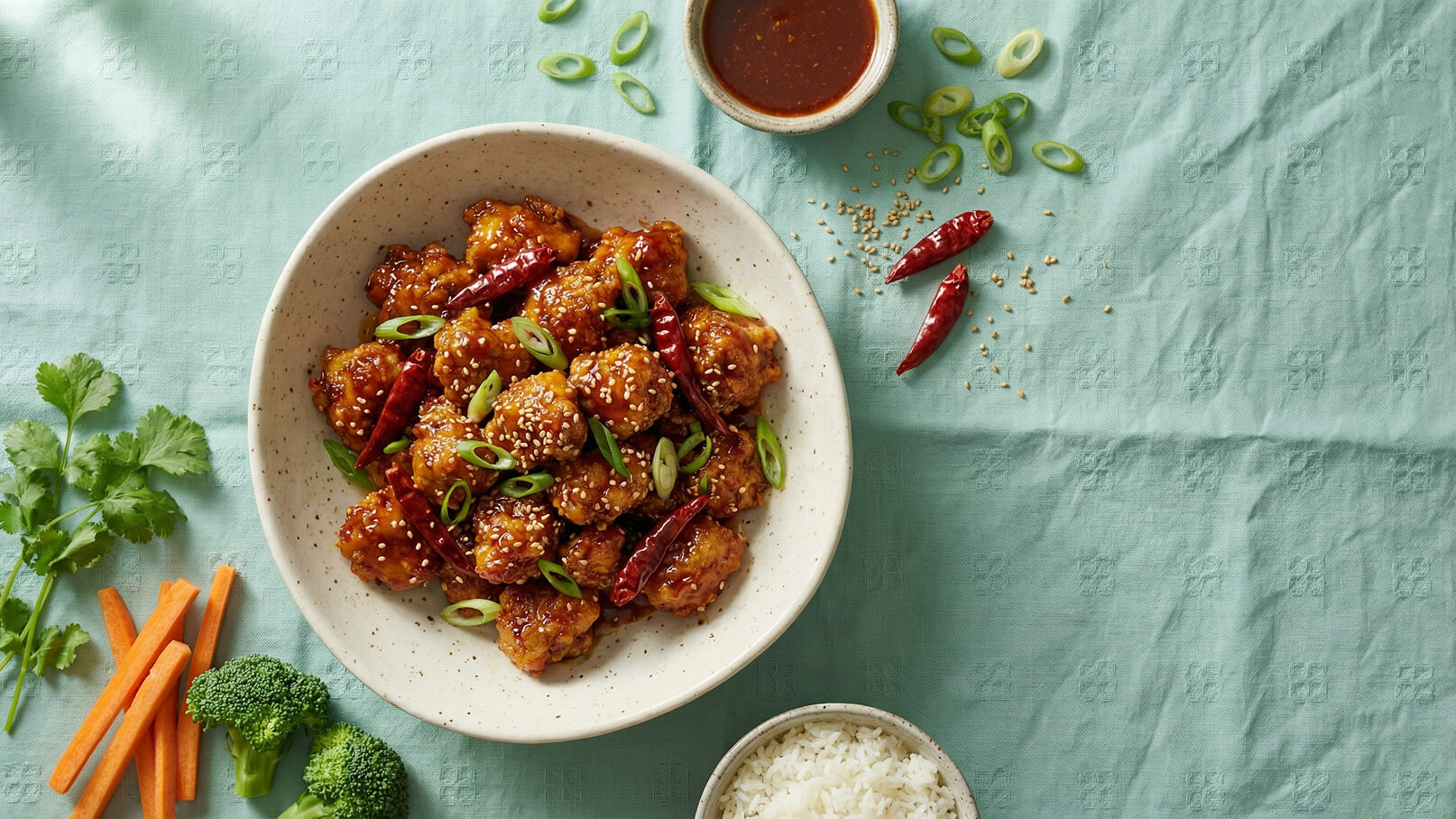 Eine Schüssel mit knusprigen, glasierten Hähnchenstücken, verziert mit Sesam und Frischhalzschoten. Neben der Schüssel liegen rote Chilischoten und Sesamkörner. Dazu steht eine kleine Schüssel mit gekochtem Reis und frischem Brokkoli sowie rohen Karottenstreifen.