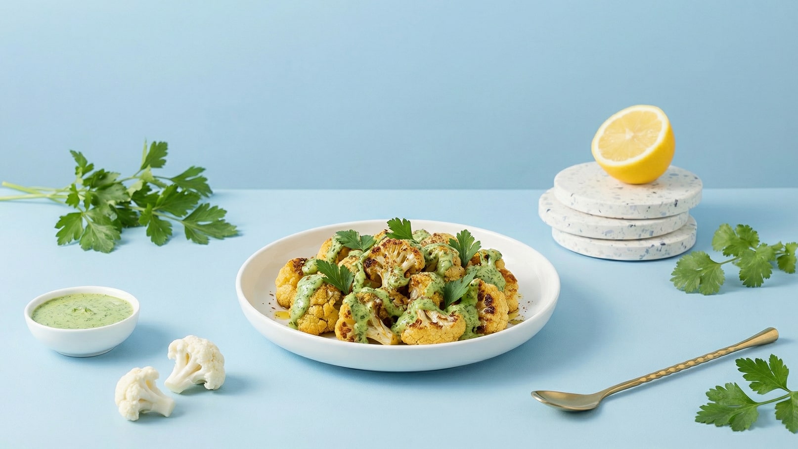 Ein Teller mit geröstetem Blumenkohl, garniert mit einer grünen Sauce und frischen Kräutern, steht vor einem blauen Hintergrund. Daneben sieht man eine kleine Schüssel mit Sauce, zwei Blumenkohlröschen und eine halbierte Zitrone auf einem Holzuntersetzer.