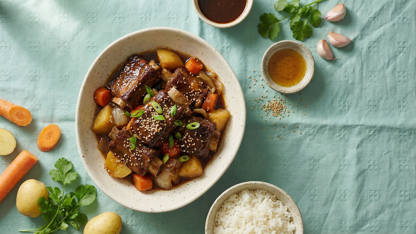 Eine Schüssel mit geschmortem Fleisch, Kartoffeln und Karotten, garniert mit Frühlingszwiebeln und Sesamsamen. Daneben liegt eine Portion gekochter Reis in einer separaten Schüssel. Im Hintergrund sind frische Kräuter und Knoblauchzehen zu sehen. Der Untergrund ist grün.