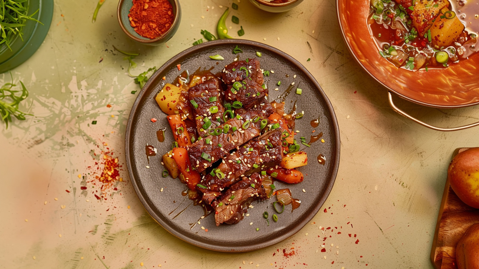 Auf einem dunklen Teller liegen gegrillte Fleischstücke, umgeben von buntem Gemüse wie Kartoffeln und Karotten. Das Gericht ist mit gehackten Frühlingszwiebeln und Sesam dekoriert und wirkt appetitlich. Im Hintergrund sind Gewürze und eine Schüssel mit einer weiteren Speise sichtbar.