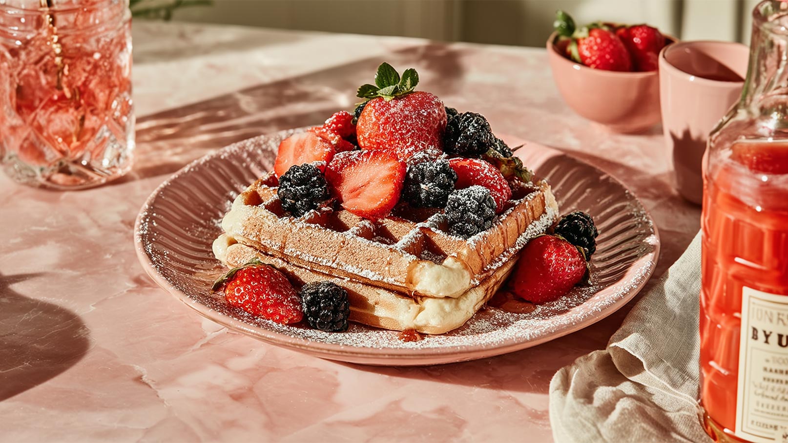 Ein Teller mit Waffeln, garniert mit frischen Erdbeeren und schwarzen Beeren. Die Waffeln sind leicht mit Puderzucker bestäubt und alles liegt auf einem rosa Teller. Im Hintergrund sind Getränke und eine Serviette sichtbar.