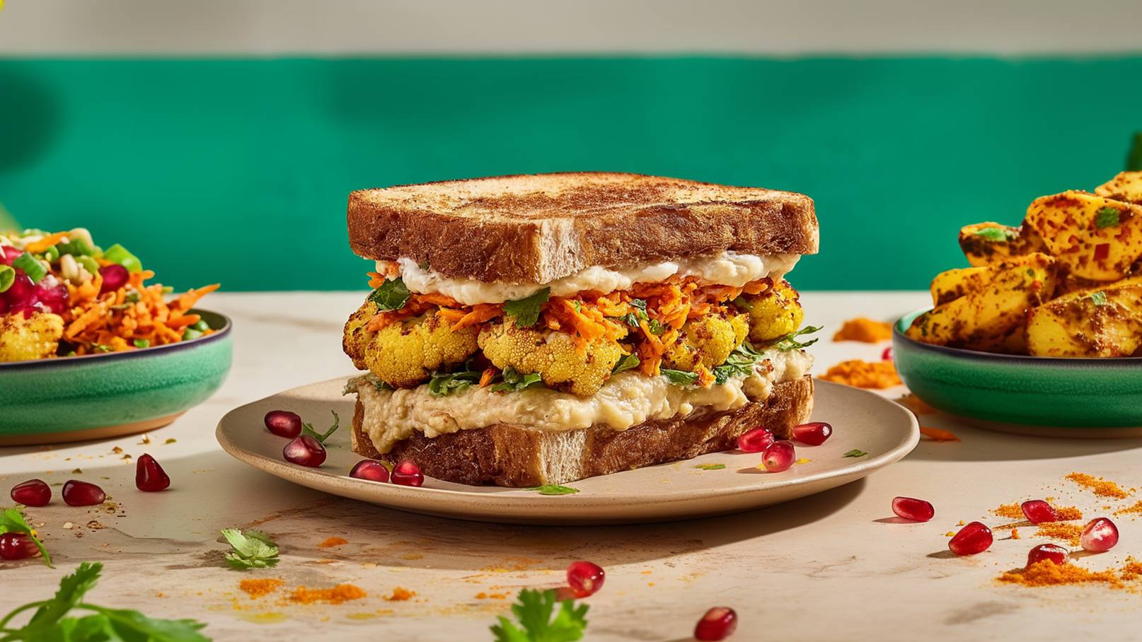 Ein saftiger Sandwich mit geröstetem Brot, gefüllt mit Blumenkohl, Karotten, Kräutern und einer cremigen Sauce. Daneben befinden sich Beilagen mit buntem Gemüse und gewürzten Kartoffeln auf einem Teller. Granatapfelkerne sind auf dem Teller verteilt.