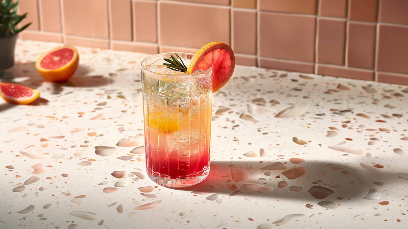 Ein Getränk in einem hohen Glas steht auf einer hellen, strukturierten Oberfläche. Das Getränk hat mehrere Schichten in Rosa- und Gelbtönen und ist mit Eis und einer Scheibe Zitrone sowie Grapefruit garniert. Im Hintergrund liegt eine halbierte Grapefruit.