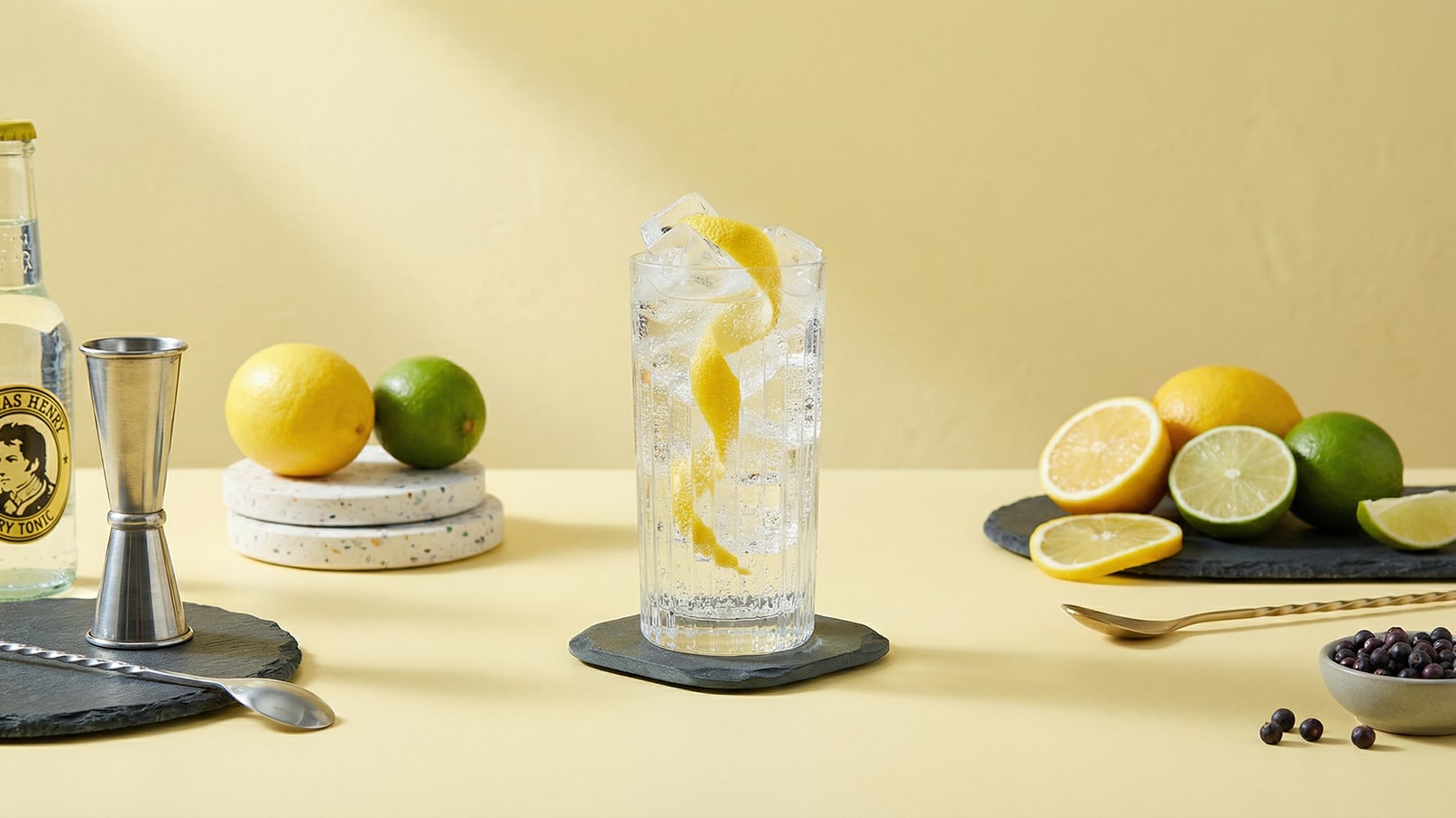 Ein kaltes Getränk in einem hohen Glas mit Eiswürfeln und einer Spirale aus Zitronenschale. Im Hintergrund liegen frische Zitronen und Limetten auf einer hellen Oberfläche. Ein Messbecher und ein Löffel aus Edelstahl sind ebenfalls sichtbar.