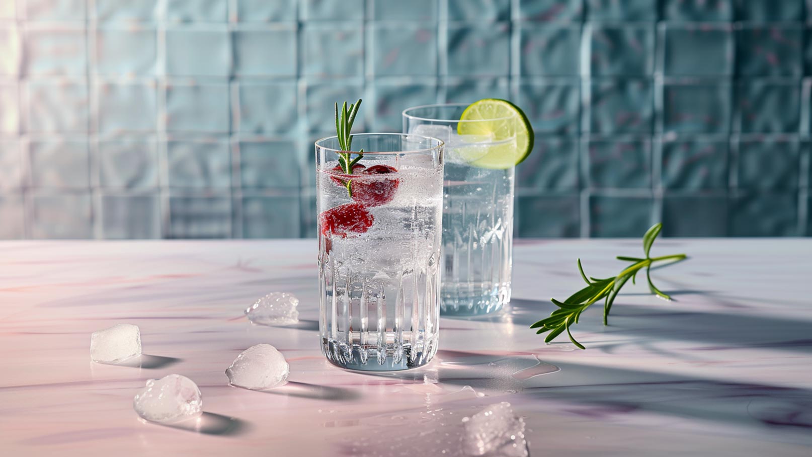 Zwei Gläser mit Getränken auf einem Tisch. Das erste Glas enthält Sprudelwasser, Himbeeren und einen Zweig Rosmarin. Das zweite Glas ist mit Sprudelwasser und einer Limettenscheibe dekoriert. Einige Eiswürfel liegen um die Gläser verteilt.