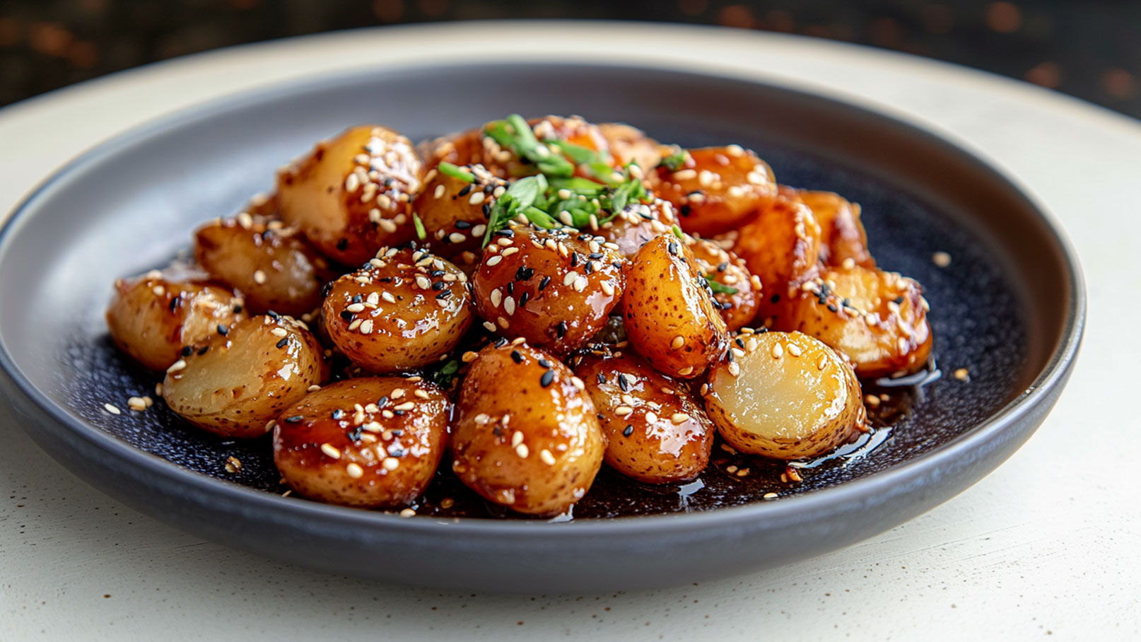 Ein schwarzes Teller mit karamellisierten kleinen Zwiebeln, die mit Sesam und frischen Kräutern garniert sind. Die Zwiebeln glänzen in einer süßlichen Sauce und sind gleichmäßig verteilt, was einen ansprechenden, appetitlichen Eindruck hinterlässt.