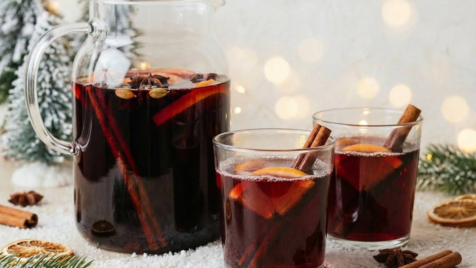 Ein Glas und eine Kanne mit einem warmen Getränk, das dunkle Flüssigkeit mit Gewürzen und Orangenscheiben enthält. Die Kanne steht neben zwei Gläsern, die ebenfalls mit dem Getränk gefüllt sind. Im Hintergrund sind Weihnachtslichter und Dekoration sichtbar.