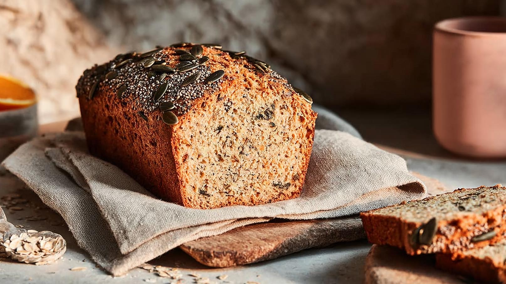 Ein frisch gebackenes Brot mit einer rustikalen Kruste, belegt mit Kürbiskernen, liegt auf einem natürlichen Untergrund aus Holz. Neben dem Brot sind einige Scheiben sichtbar. Der Hintergrund ist unscharf und zeigt neutrale, warme Farben.