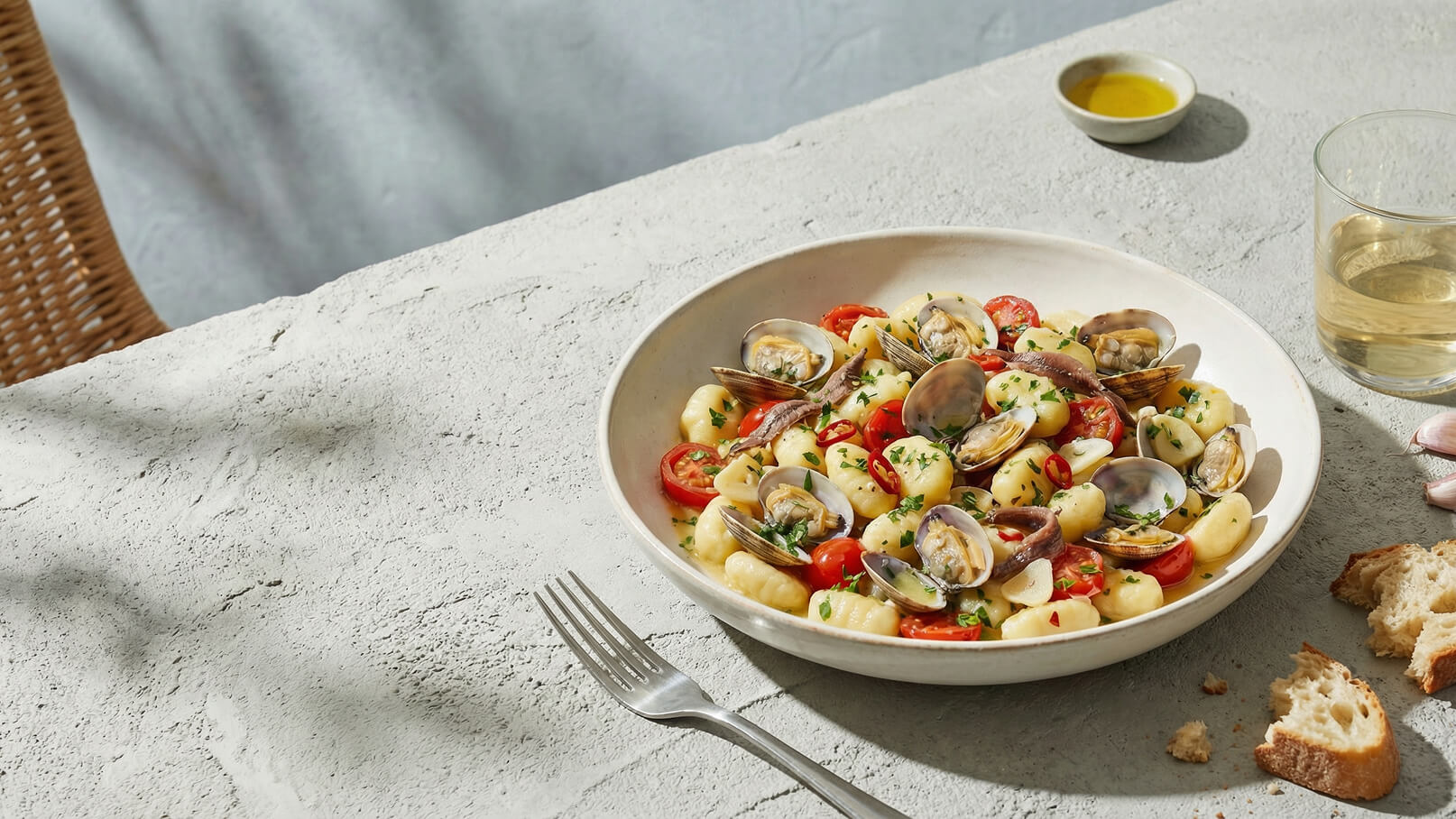 Eine Schüssel mit Gnocchi, gekrönt mit Muscheln, Cherrytomaten und frischen Kräutern. Daneben befinden sich ein Glas Weißwein und ein Stück Brot auf einem strukturierten grauen Tisch.