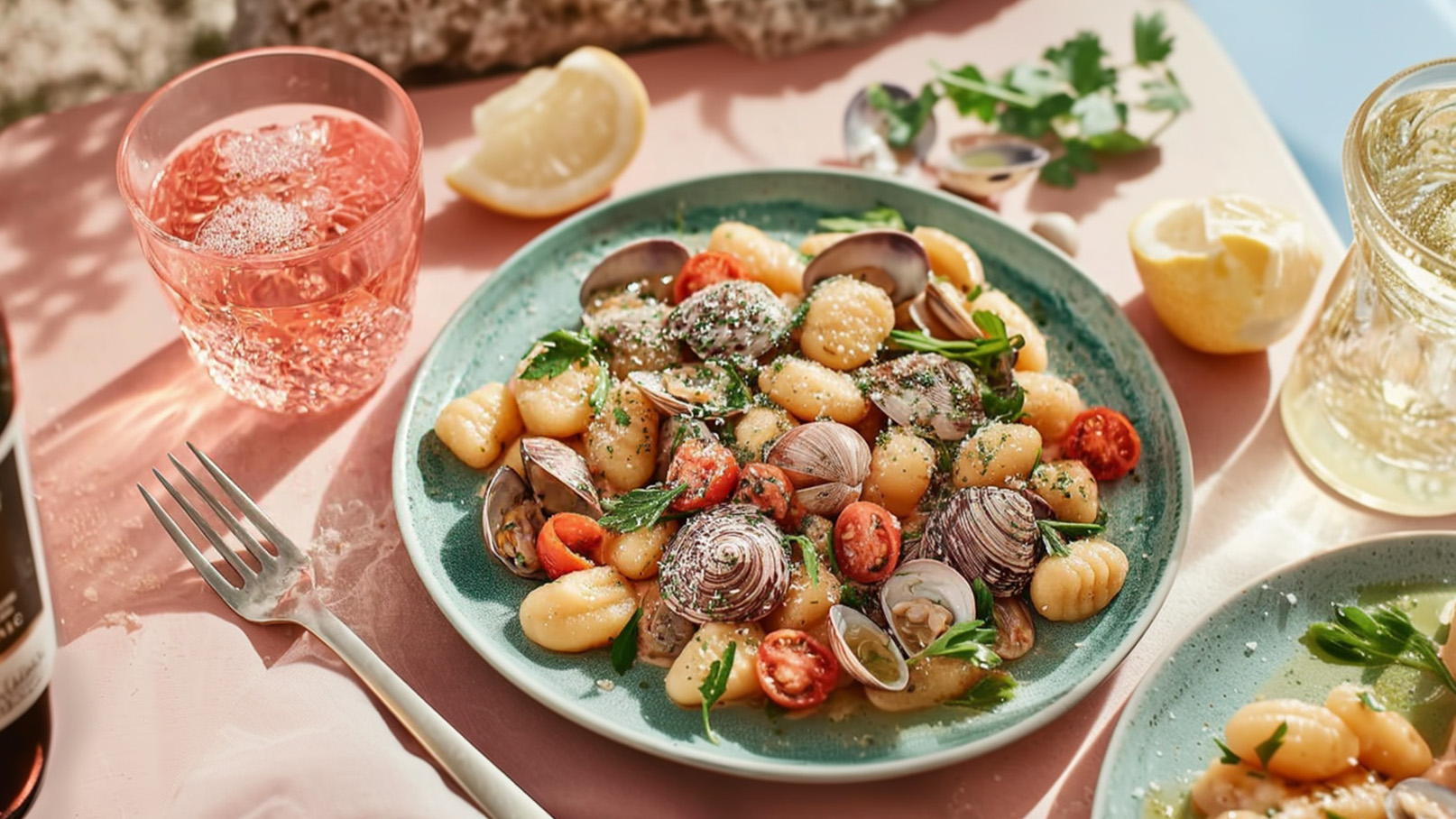 Ein Teller mit Gnocchi, Muscheln und Kirschtomaten, garniert mit frischen Kräutern und Parmesan. Dazu ein Glas sprudelndes Rosé und ein Stück Zitrone. Die Speisen sind auf einem rosa Tisch gedeckt, umgeben von natürlicher Umgebung.