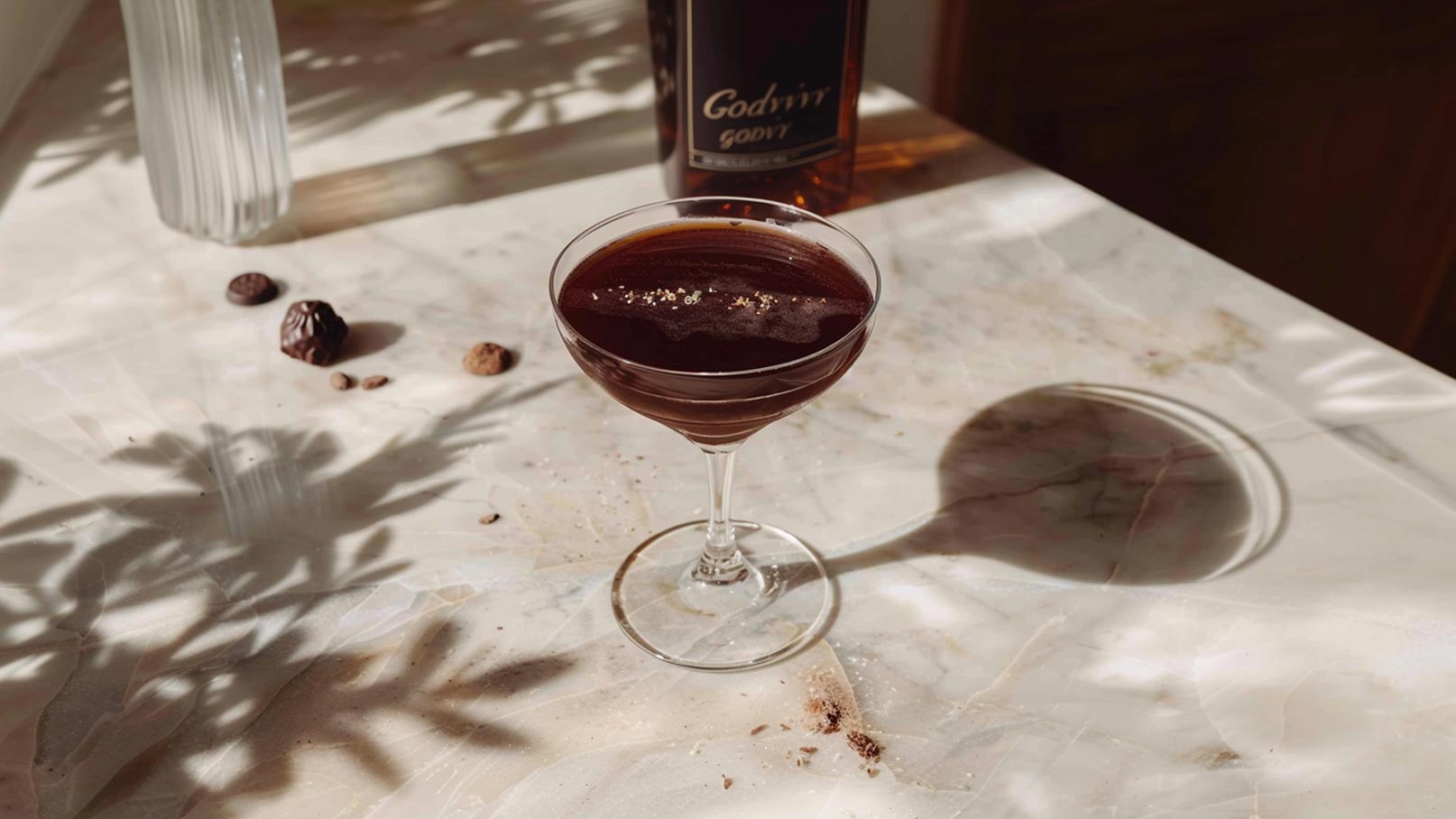 Ein elegantes Cocktailglas mit einem dunklen Getränk steht auf einer hellen Marmoroberfläche. Um das Glas herum liegen einige Kaffeebohnen und Schokoladenstückchen. Im Hintergrund ist eine Flasche mit der Aufschrift "Godiva" zu sehen. Schatten von Pflanzen fallen über die Szene.