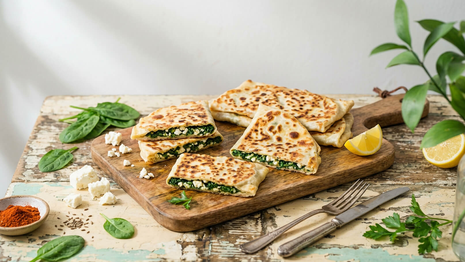 Ein Holzbrett zeigt mehrere gefüllte Teigtaschen mit Spinat und Feta. Einige Teigtaschen sind halbiert. Neben den Teigtaschen liegen frische Spinatblätter, zerbröckelter Feta und eine Scheibe Zitrone. Im Hintergrund sind Besteck und ein Pflanzenelement sichtbar.