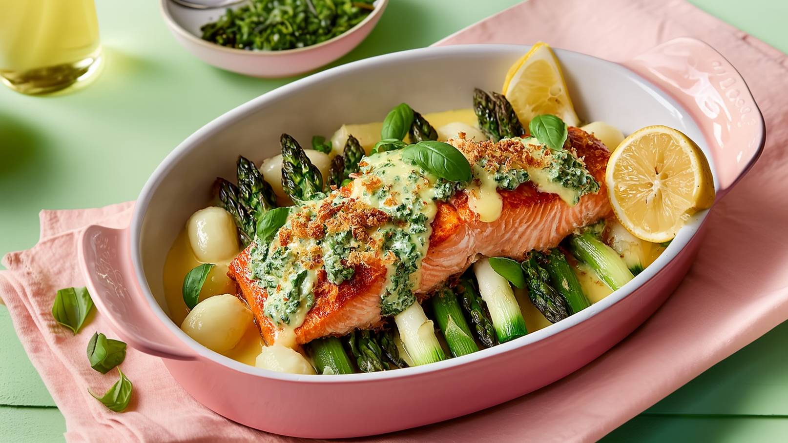 Ein rosa Auflaufform enthält gebratenen Lachs, garniert mit einer grünen Kräutermischung und knusprigen Bröseln. Um den Lachs liegen grüner Spargel und kleine Kartoffeln. Frische Zitronenscheiben sind ebenfalls hinzugefügt. Das Gericht wird von einem rosa Tuch umgeben.