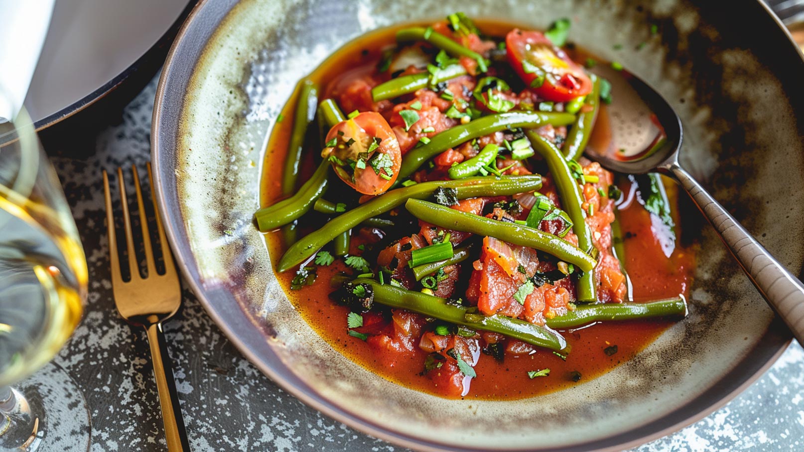Ein elegantes Geschirr mit einem Gericht aus grünen Bohnen, Tomaten und frischen Kräutern in einer tomatigen Sauce. Im Hintergrund sind ein goldener Löffel und ein Glas Wein sichtbar.