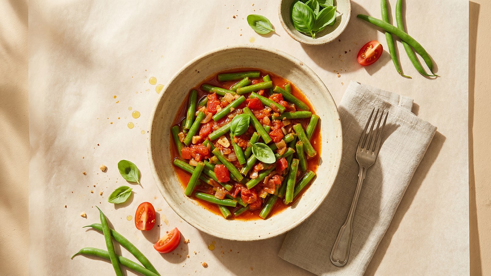 Eine Schüssel mit grünen Bohnen und Tomaten in einer würzigen Sauce, garniert mit frischem Basilikum. Daneben liegt eine kleine Schale mit weiteren Basilikumblättern, einige Tomatenscheiben und grüne Bohnen auf dem Tisch. Ein Stoffserviette und eine Gabel sind ebenfalls sichtbar.
