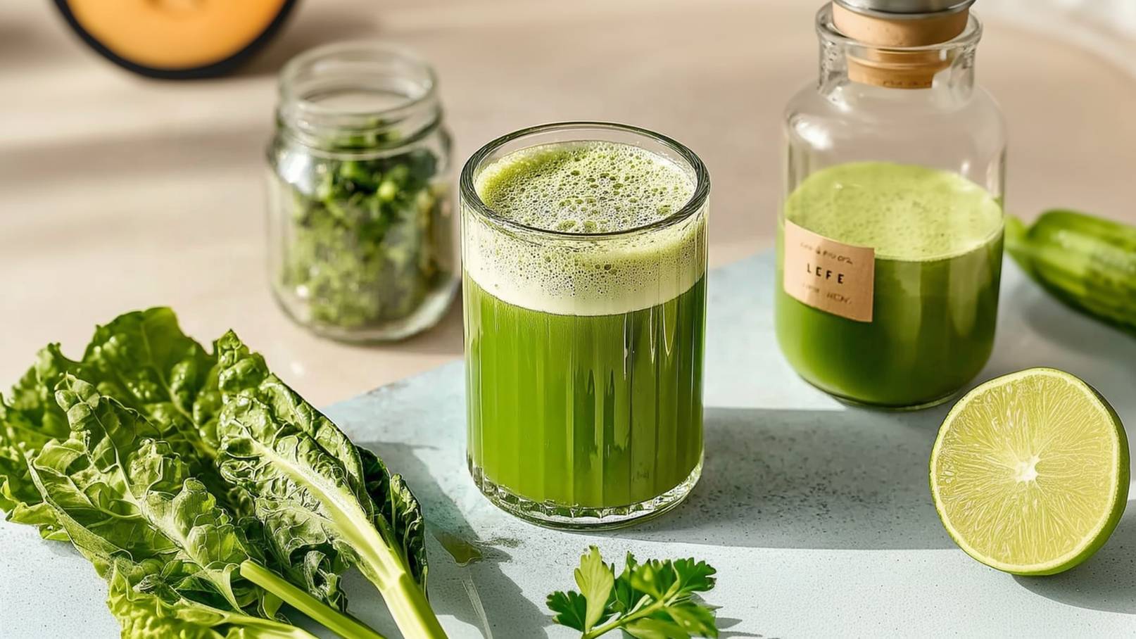 Ein Glas mit grünem Saft, das schaumig aussieht, steht auf einer hellen Oberfläche. Daneben liegen frische grüne Blätter, eine Limette und ein Glas mit weiteren Kräutern. Der Saft wirkt erfrischend und gesund.
