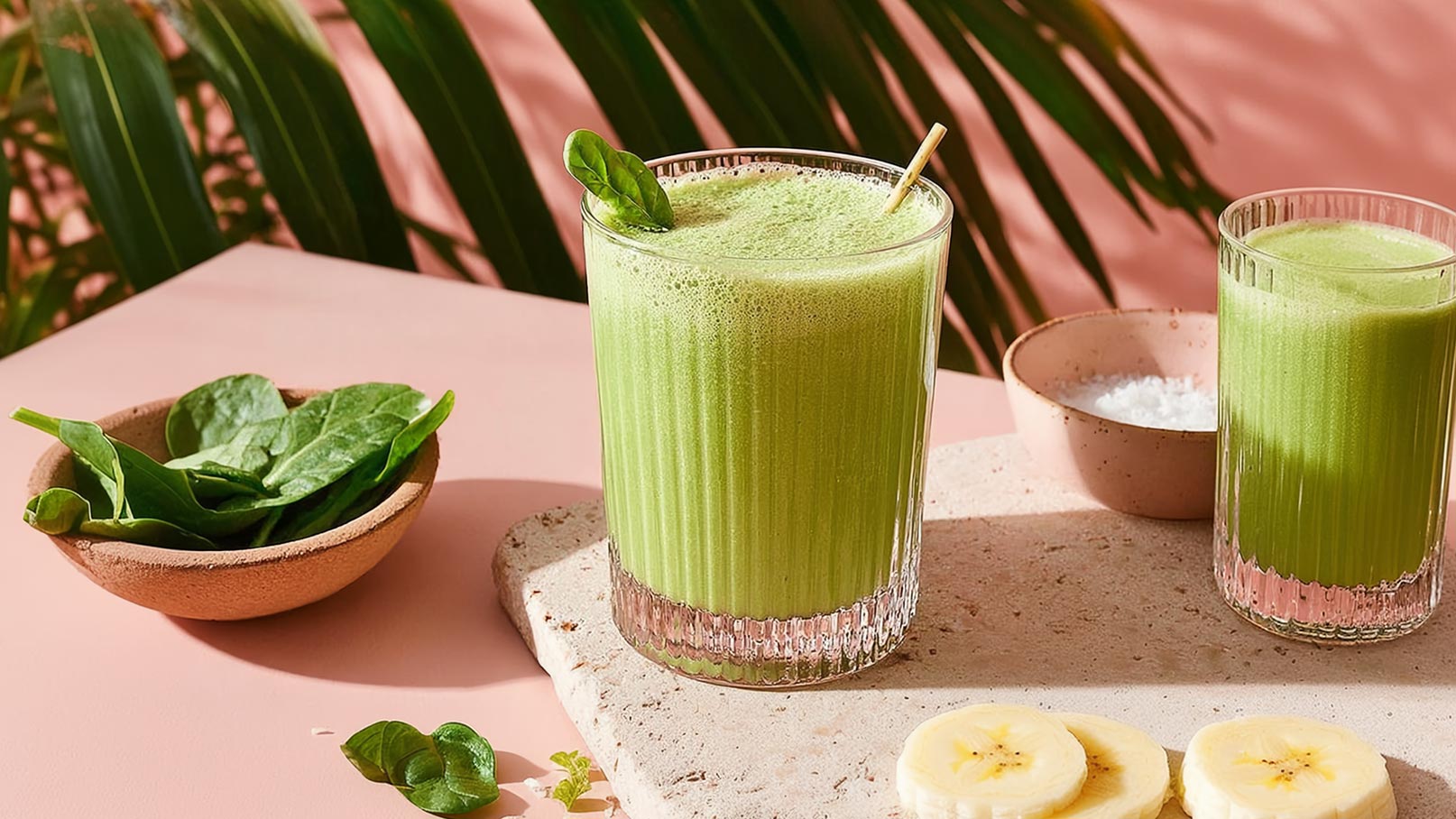 Ein frischer, grüner Smoothie in einem hohlen Glas steht auf einer hellen Oberfläche. Neben ihm liegt eine Schale mit frischen Spinatblättern und eine Scheibe Banane. Die Szene strahlt Gesundheit und Frische aus.