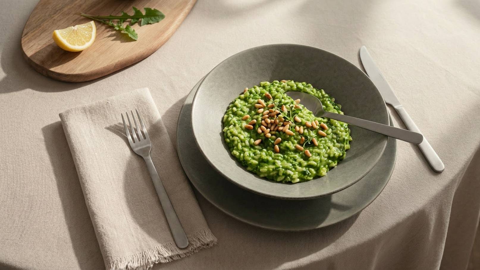 Ein tiefes Tellerrand mit grünem Risotto, garniert mit Pinienkernen, steht auf einem Tisch. Neben dem Teller liegt eine Gabel auf einer serviette. Im Hintergrund sind eine Holzplatte und eine Zitronenscheibe sichtbar.