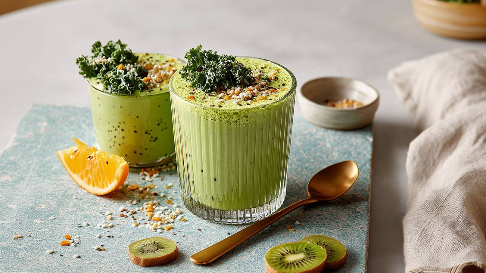 Zwei grüne Smoothies in transparenten Gläsern, garniert mit frischem Grünkohl und einer Mischung aus Saaten. Neben den Gläsern liegt eine Scheibe Orange und eine Scheibe Kiwi auf einem blauen Untergrund. Ein goldener Löffel ist ebenfalls zu sehen.