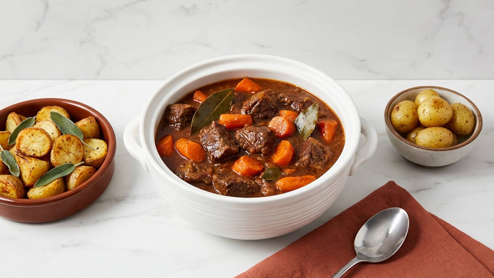 Eine helle Schüssel enthält einen herzhaften Eintopf mit Rindfleisch, Karotten und Lorbeerblättern. Daneben befindet sich eine Schüssel mit knusprig gebratenen Kartoffeln sowie eine kleine Schale mit gekochten, ganzen Kartoffeln. Ein metallischer Löffel liegt auf einem roten Tuch.