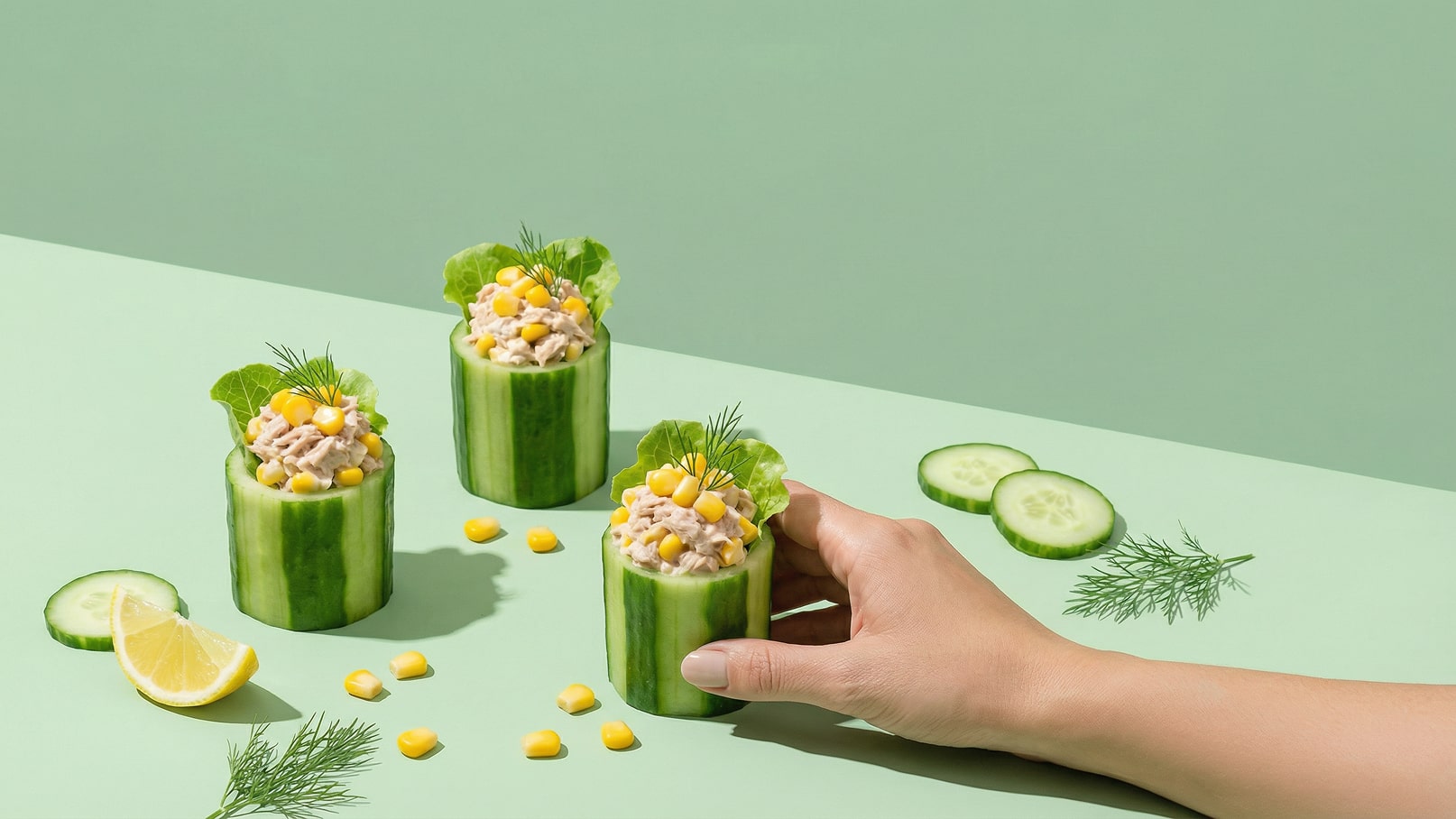 Drei gefüllte Gurkenhälften stehen auf einer grünen Fläche. Die Füllung besteht aus Thunfisch, Mais und Salatblättern. Eine Hand hält eine der Gurken, während frische Gurkenscheiben und Dill daneben liegen. Das Gesamtbild vermittelt eine frische, gesunde Snack-Option.