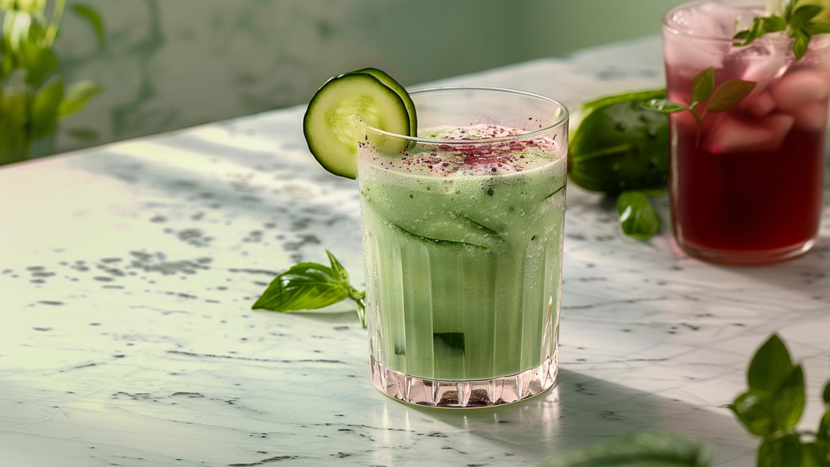Ein Glas mit grünem Smoothie steht auf einem Holzbrett. Der Smoothie ist mit Gurkenscheiben und frischen Kräutern garniert. Neben dem Glas liegt eine ganze Gurke. Der Hintergrund ist hell und weich.