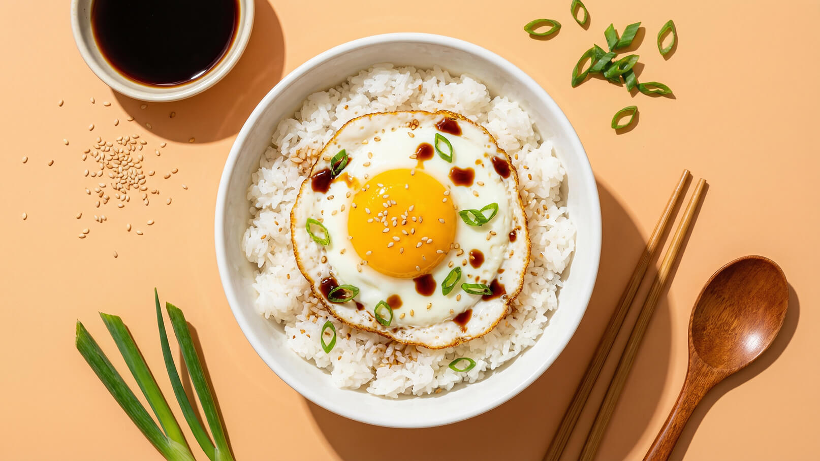 Eine Schüssel mit gedämpftem Reis, belegt mit einem Spiegelei. Das Ei hat einen gelben Dotter, ist mit Sojasauce, Sesam und gehackten Frühlingszwiebeln garniert. Neben der Schüssel liegt ein Löffel und Essstäbchen auf einem orangefarbenen Hintergrund.