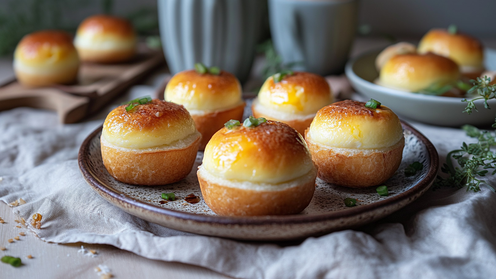 Auf dem Bild sind mehrere goldbraune Brötchen mit einer cremigen Füllung zu sehen. Die Brötchen sind auf einem Teller angerichtet und mit frischen, grünen Zwiebelringen garniert. Im Hintergrund sind einige Tassen und ein weiteres Geschirr erkennbar.