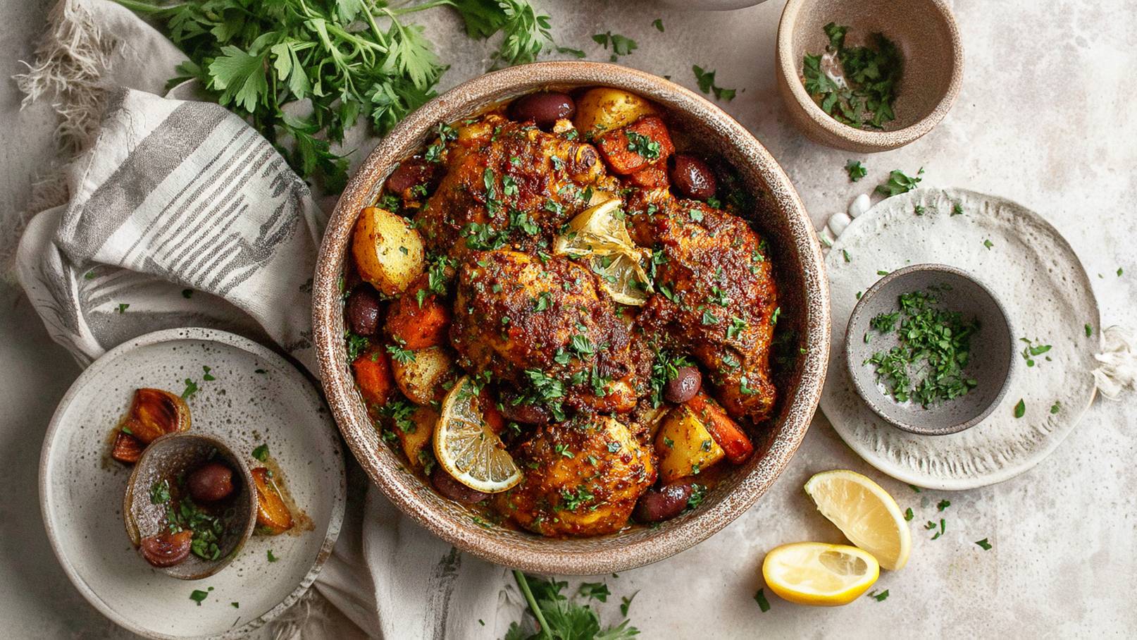 Ein flacher, runder Teller mit einer bunten Mischung aus gebratenen, goldenen Würfeln, Kräutern und roten Zwiebeln in einer aromatischen Sauce. Die Zutaten sind sorgfältig angeordnet und scheinen frisch und einladend zu sein.