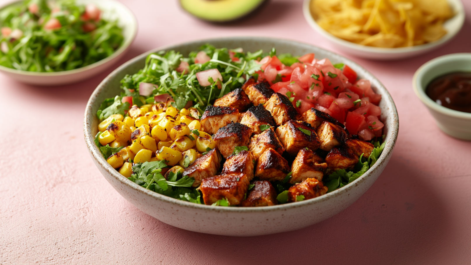 Eine großzügige Schüssel mit gegrilltem Hühnchen, frischem Salat, Maiskörnern, gewürfelten Tomaten und Koriander. Daneben befinden sich weitere Schalen mit Chips und Sauce. Der Hintergrund ist in einem sanften Rosa gehalten.