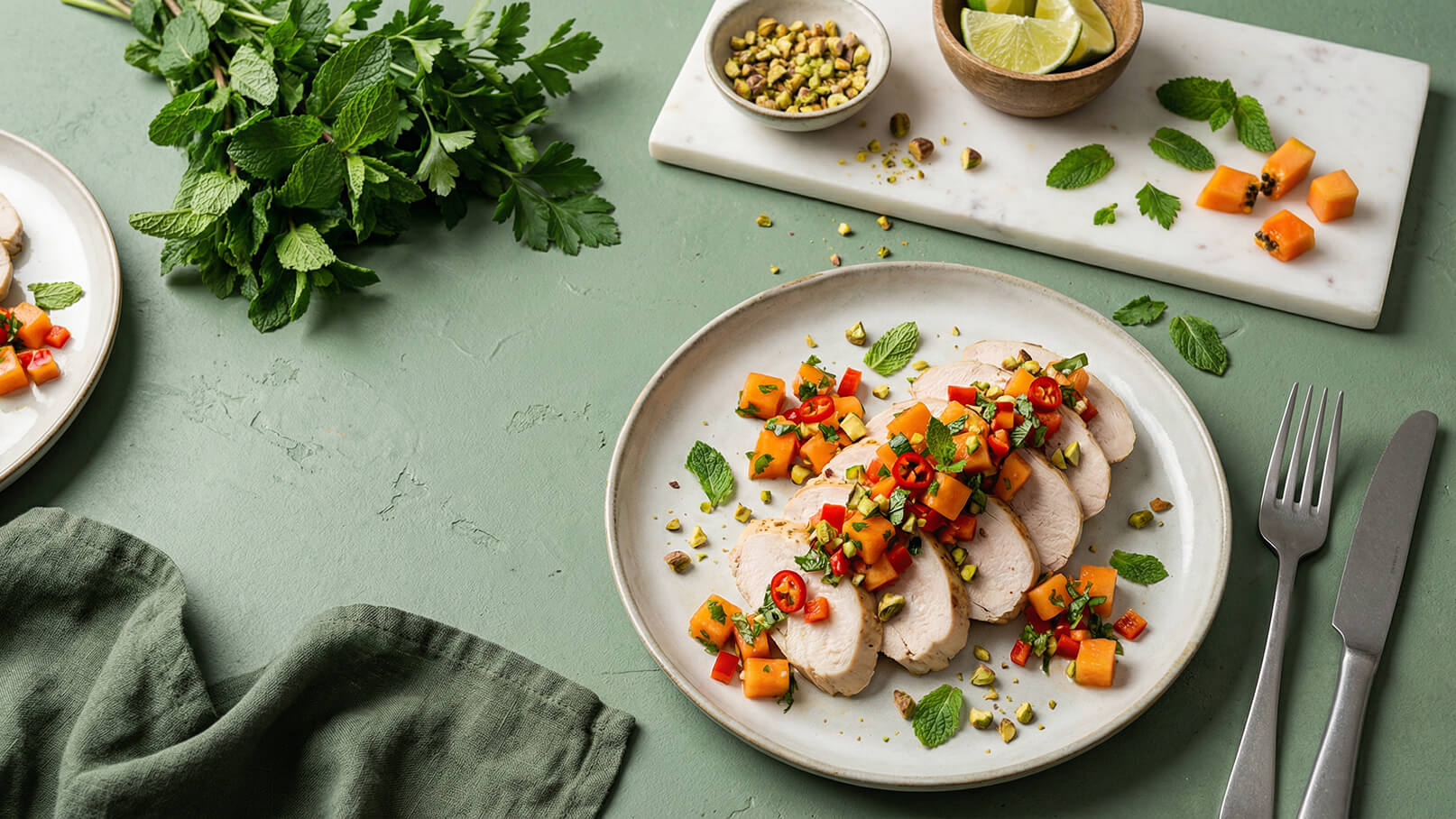 Ein Teller mit aufgeschnittenem Hähnchenbrustfilet, garniert mit einer bunten Mischung aus gewürfelter Papaya, Paprika, frischer Minze und Chili. Übergossen mit gehackten Pistazien und präsentiert auf einem grünen Untergrund. Im Hintergrund sind Kräuter und eine kleine Schale mit Limettenschnitzen sichtbar.