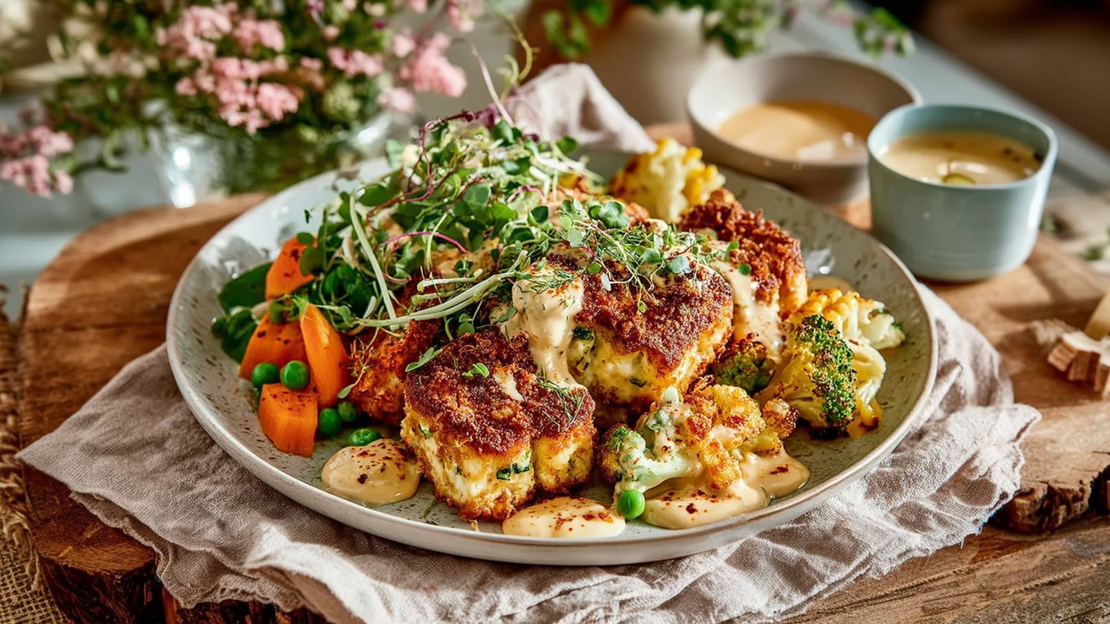 Ein Teller mit gegrilltem Fisch in einer cremigen Sauce, umgeben von buntem Gemüse: gewürfelte Karotten und Erbsen. Dazu zwei kleine Schalen mit zusätzlichen Erbsen und Mais. Der Hintergrund ist eine helle, holzartige Oberfläche.