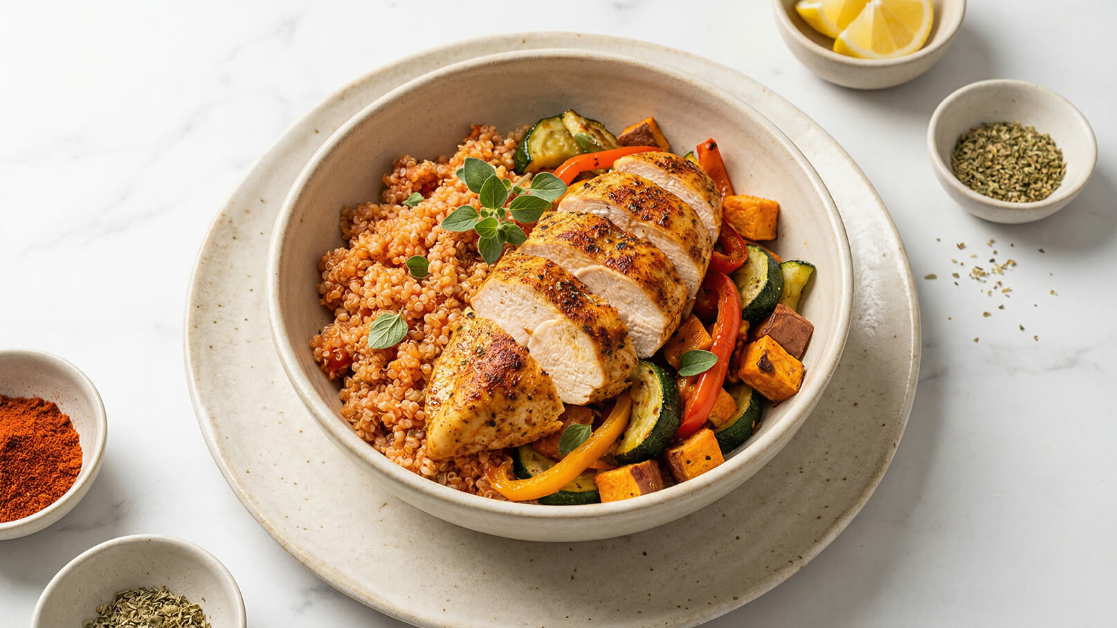 Eine Schüssel mit Quinoa, gegrilltem Hähnchenbrustfilet und buntem Gemüse, darunter Paprika und Zucchini. Frische Kräuter sind dekorativ hinzugefügt. Daneben befinden sich kleine Schalen mit Gewürzen und Zitronenscheiben.