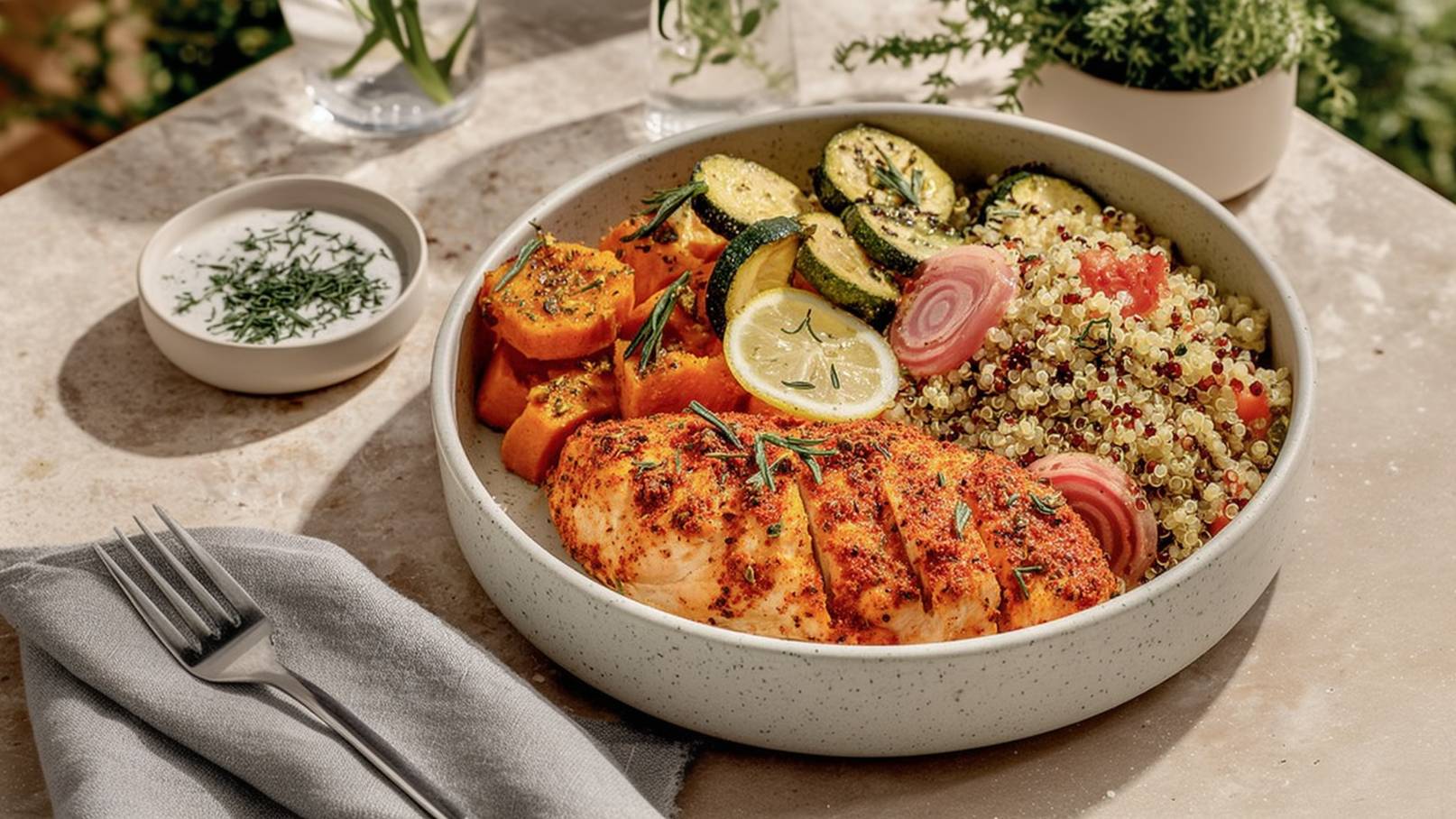 Eine Schüssel mit gegrilltem Lachs, gewürzten Karotten, Zucchini und buntem Quinoa. Dazu ein kleiner Teller mit Joghurtsauce, garniert mit frischen Kräutern. Die Speisen sind farbenfroh und ansprechend angerichtet.