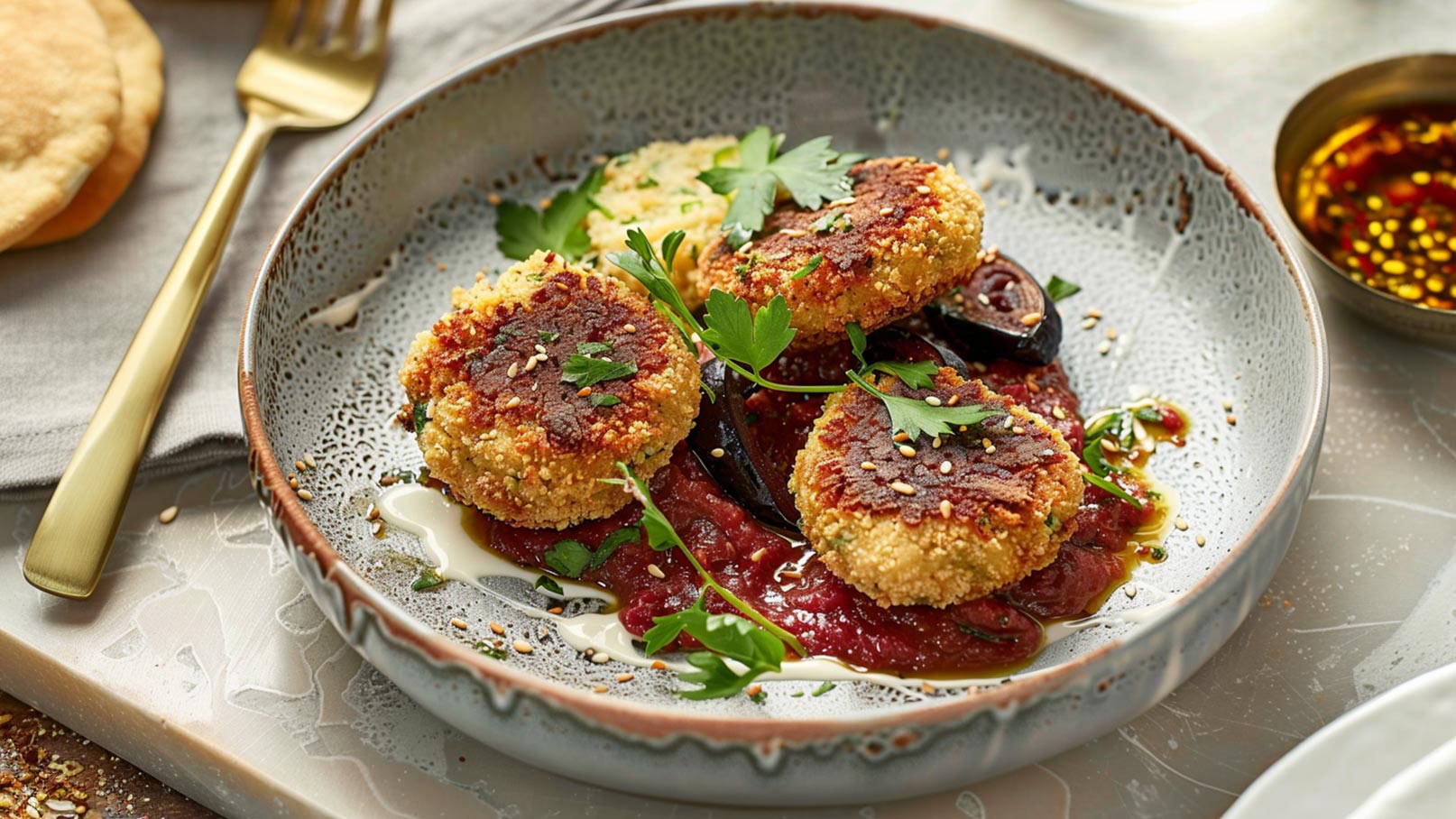 Ein Teller mit drei goldenen, knusprigen Frikadellen liegt auf einer roten Tomatensauce. Frische Petersilie und Sesamsamen dekorieren das Gericht. Daneben befinden sich einige feine Öltropfen und ein Beilagenteller mit Fladenbrot.