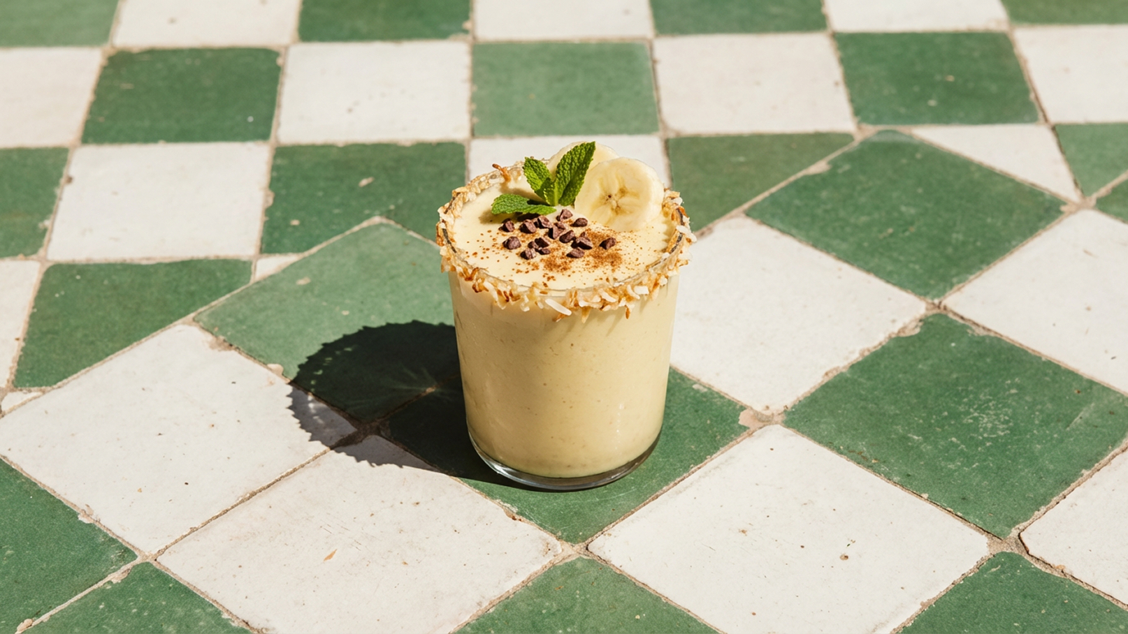 Ein Glas mit einem cremigen Bananen-Smoothie, garniert mit einem Minzblatt, Bananenscheiben, Kokosraspeln und Schokoladensplittern. Der Smoothie steht auf einem Boden mit grün-weißen Fliesen.